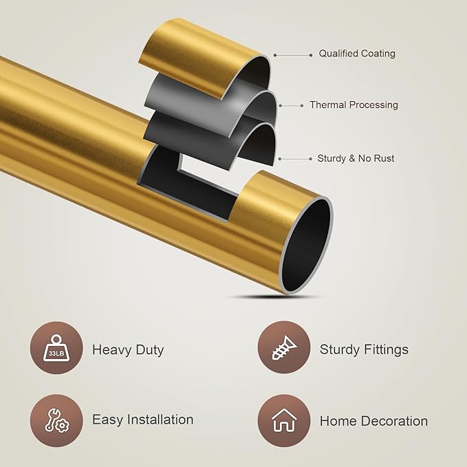Lootkell 2 Pack Gold Curtain Rods Set for Windows 28 to 48 Heavy Duty 1" Diameter Adjustable Window Single Rods with Solid Metal Finials for Bedroom Living Room Kitchen Farmhouse