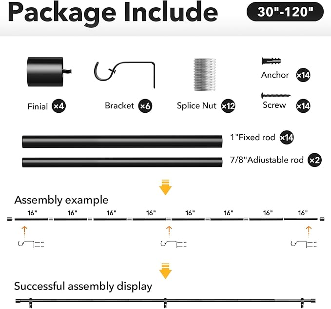 IFELS 2 Pack Heavy Duty Curtain Rods for Windows 66 to 120 Inch, 1 Inch Black Curtain Rods Set of 2 Pack for Outdoor, Farmhouse, Bedroom, Adjustable Easy Install Drapery Rod (A2,Black,30"-120"-2Pack)
