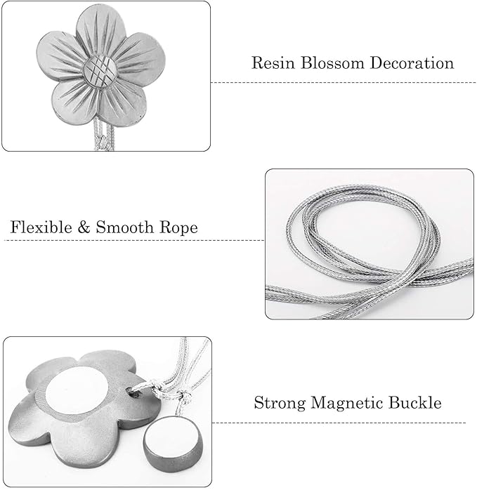 Lewondr Vintage Magnetic Curtain Tieback, 1 Pair Resin Flower Curtain Drapery Holdback Window Curtain Decorative Buckle Holder for Home Cafe Balcony - Silver