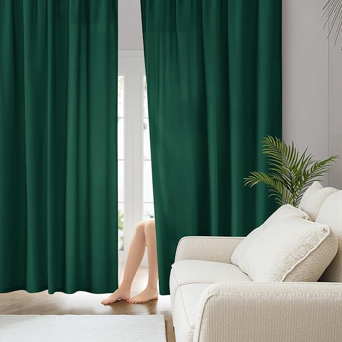 HOMEIDEAS Christmas Non-See-Through Hunter Green Privacy Sheer Curtains, 52 X 63 Inches Long 2 Panels Sheer Curtains Light Filtering Window Drapes for Bedroom Living Room