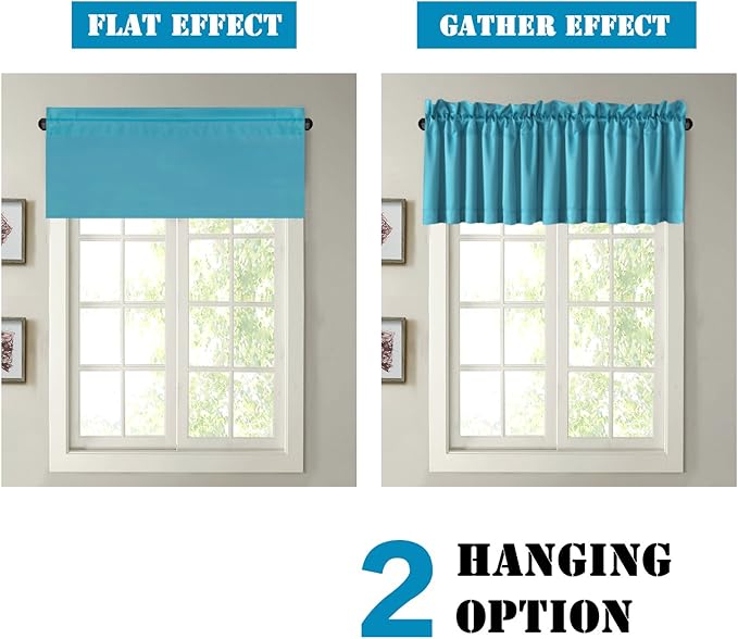 H.VERSAILTEX Blackout Valances for Windows,Blue Kitchen Valance Curtains for Living Room/Bedroom/Bathroom Privacy Decorative Rod Pocket Kitchen Valances，2 Panels，52" W x 18" L, Turquoise Blue