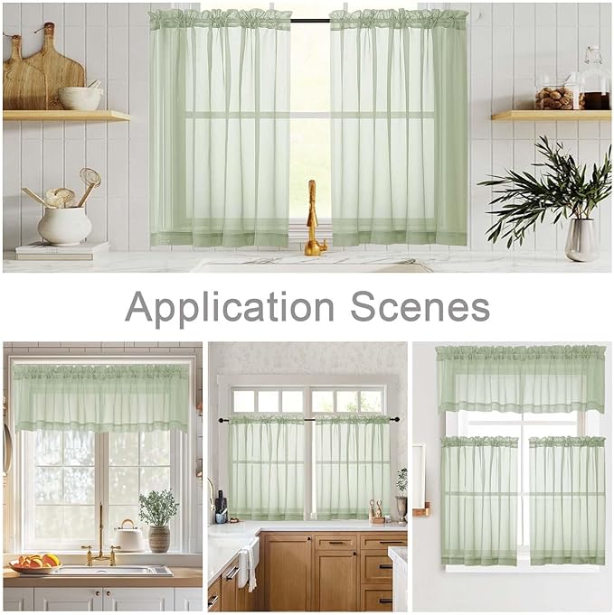 Light Green Kitchen Curtains 30 Inch Length Tier 2 PCS, Solid Soft Airy Half Curtains for Windows, Sheer Rod Pocket Drapes for Bathroom Basement Small Window, Light Green, 42" Wx30 L Inches