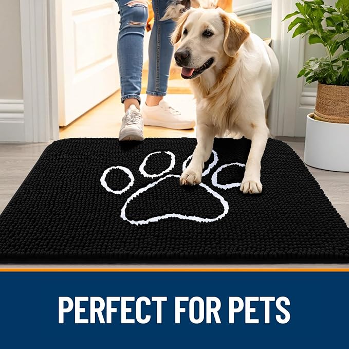 OLANLY Dog Door Mat for Muddy Paws 70x46, Paw Print Design, Absorbs Moisture and Dirt, Absorbent Non-Slip Washable Doormat, Quick Dry Chenille Mud Mat for Dogs, Entry Indoor Entryway Carpet, Black
