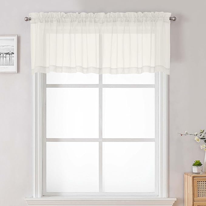 Lecloud Ivory Sheer Valances for Windows 18 Inch Length 2 Pcs, Cafe Kitchen Curtains for Bedroom Living Room, Short Curtains for Small Windows with Dual Rod Pocket Home Decor, 42" W x 18" L