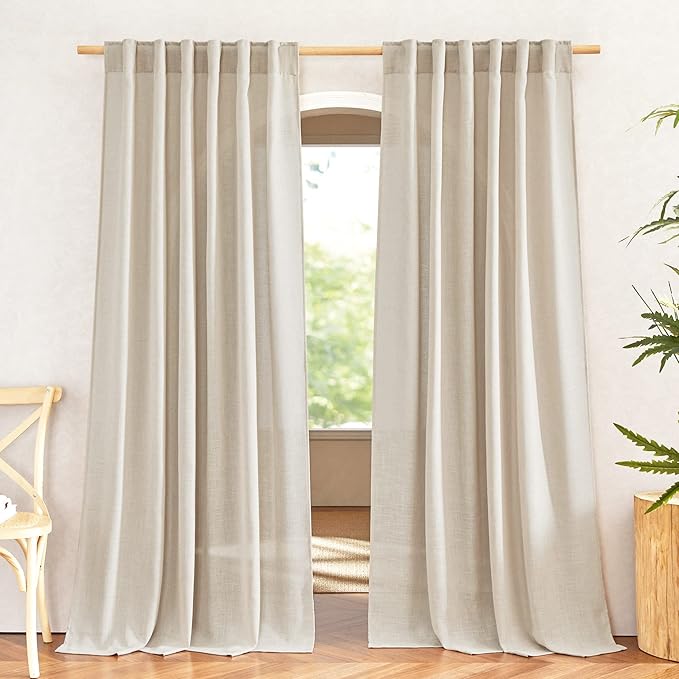 NICETOWN Linen Cream Curtains 90 inches Long, Rod Pocket & Back Tab Flax Linen Burlap Semi Sheer with Light Filtering Privacy Window Treatments for Bedroom/Living Room, W52 x L90, 2 Pieces