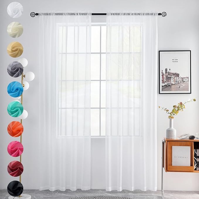 youleyar Solid Sheer Rod Pocket Curtain Voile Draperies 2 Panels White Beige Black Grey Coffee 52 Inch Width 96 Inch Long 1 Pair for Kitchen Bedroom Children Living Room Yard(White,52Wｘ96L)