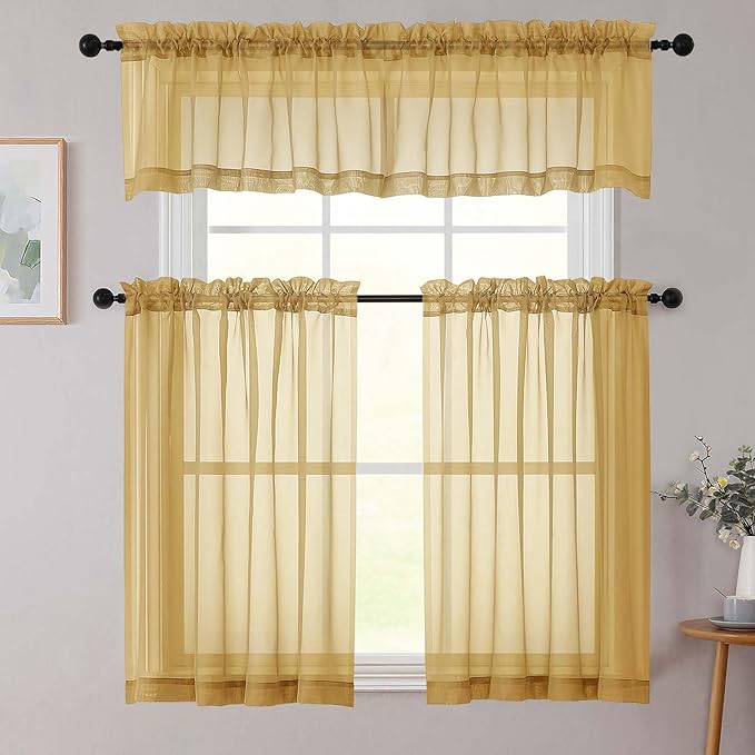 Chyhomenyc Sheer Valances for Windows 2 Pack, Small Window Curtains for Living Room Bathroom Cafe Laundry Basement, Modern Top Dual Rod Pocket Voile Curtain, 42W x 18L inches, Gold