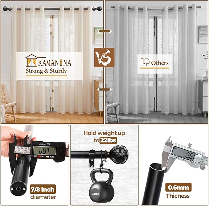 KAMANINA Black Curtain Rod 32 to 58 Inch(2.6-4.8Ft), Adjustable Heavy Duty Curtain Rods for Windows 28 to 48 Inch, 7/8 Inch Drapery Rods with Decorative Netted Texture End