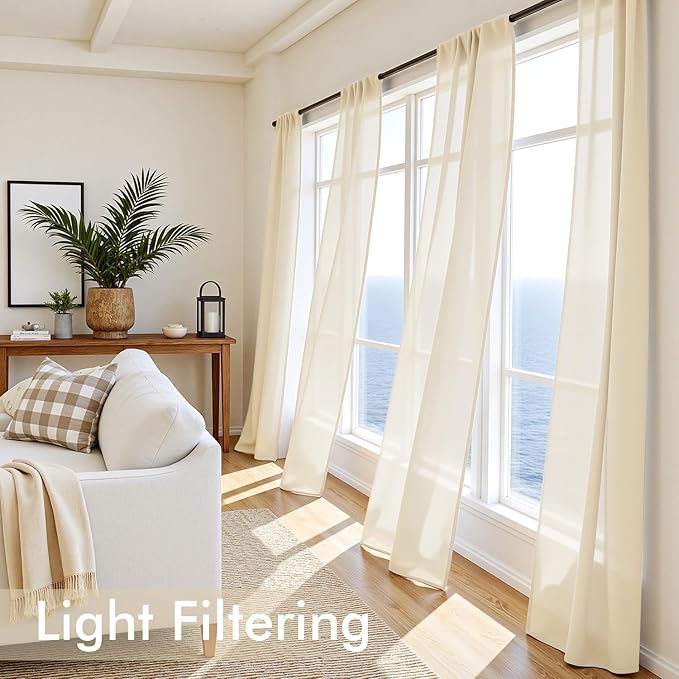 MIULEE Butter Cream Sheer Curtains 96 Inches Long, 4 Panels Set, Rod Pocket Voile Drapes Light Filtering and Semi Transparent, Elegant Window Treatments for Bedroom Living Room,42 x 96 Inches