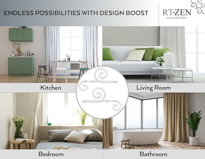 RTZEN Decorative Metal Curtain Tiebacks - Farmhouse Wrought Iron Curtain Holdbacks - Drapery Holders for Wall - Unique Metal Tie Backs for Curtains - 2 Pcs (White Swirly)