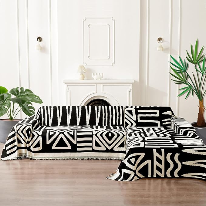 HANDONTIME Boho Sofa Covers for Dogs Black Couch Sofa Covers for 3 Cushion Couch Sofa Beige Chenille Sofa Slipcover Washable Sectional l Shaped Covers Pets Protector Furniture Covers, 91" X134"