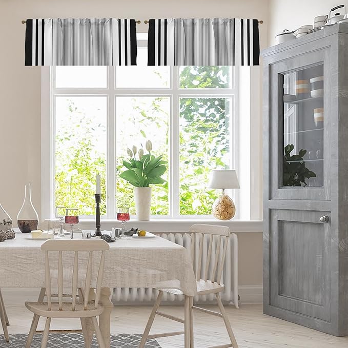 Emvency 2 Pack Valances Window Treatments, Striped Geometric Minimalist Black White Modern Drapes Adjustable Curtain for Windows Living Room Kitchen Over Sink, 52x18 Inch Rod Pocket Valances