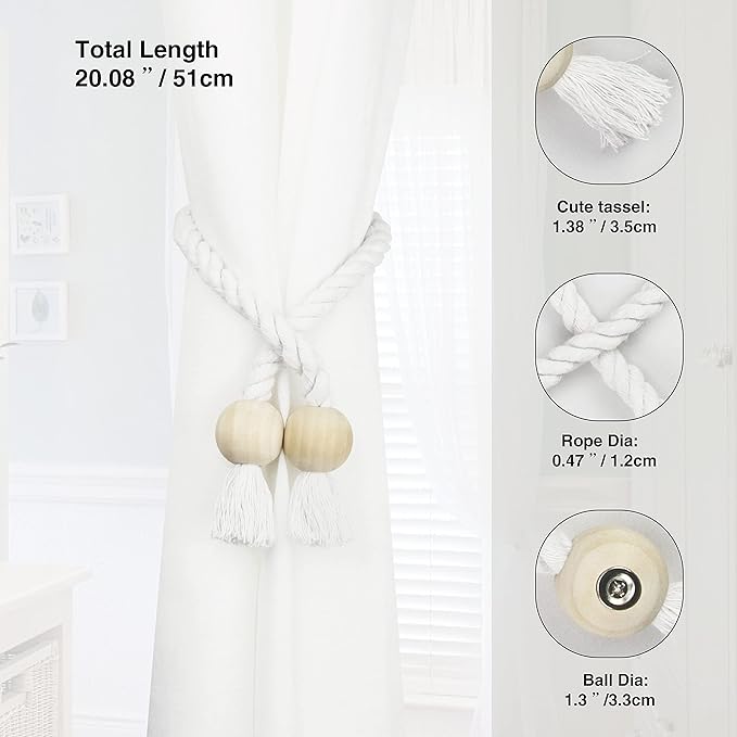6 Pack Magnetic Curtain Tiebacks Cotton Hand Woven Tie Back Decorative Rope Holdbacks for Curtains Draperies No Tools Required, White