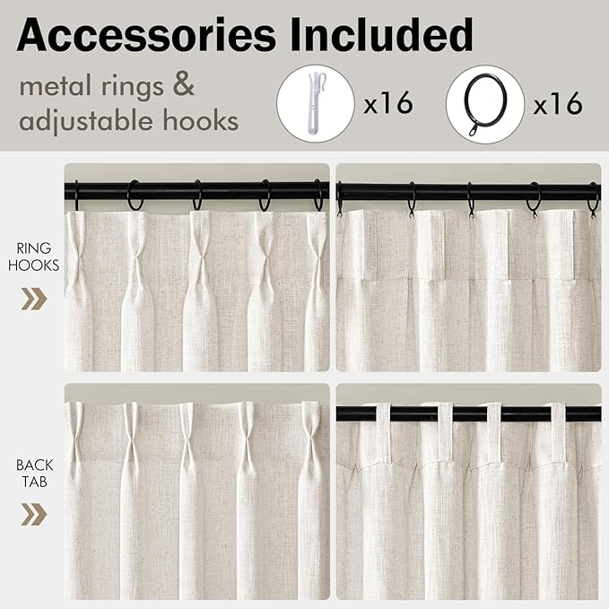 MIULEE Pinch Pleated Thick Linen Curtains 96 Inches Long 2 Panels for Living Room Bedroom, Memory Trained Pleat Drapes Light Filtering Natural Birch Semi Sheer Window Curtains Hooks Rings Back Tab