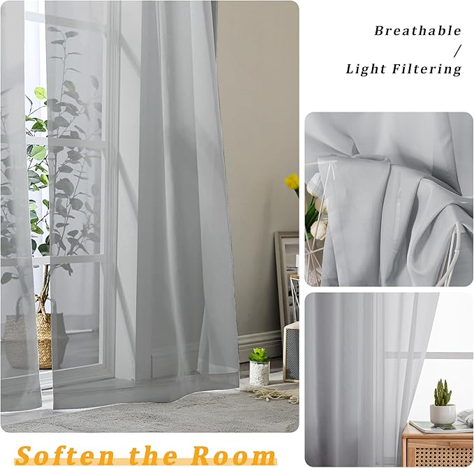 Gwine Light Grey Sheer Kitchen Curtains 36 Inch Length, Light Filtering Voile Soft Airy Small Cafe Curtains, Short Window Curtain for Bathroom Basement, 42x36 inch, 2PCS