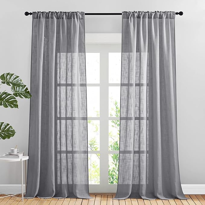 NICETOWN Linen Sheer Curtains for Living Room, Rod Pocket & Back Tab Semi Sheer Linen Curtain Drapes Privacy with Light Filter for French Door/Bedroom (2 Panels, W52 x L95, Dark Grey)