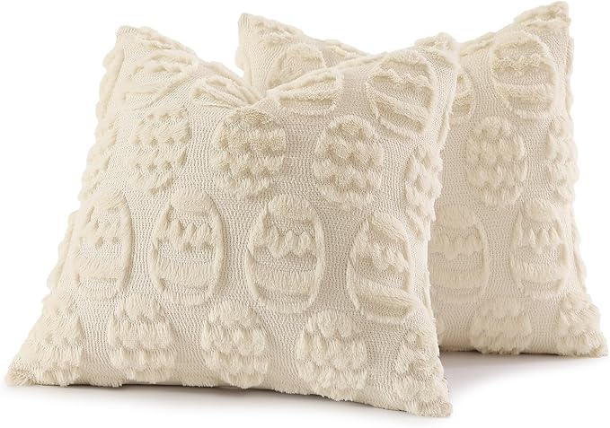 decorUhome Easter Beige Egg Pillow Covers 20x20 Inch Set of 2, Soft Plush Faux Wool Jacquard Cushion Covers, Farmhouse Neutral Fuzzy Spring Easter Holiday Decor for Couch Sofa Bed