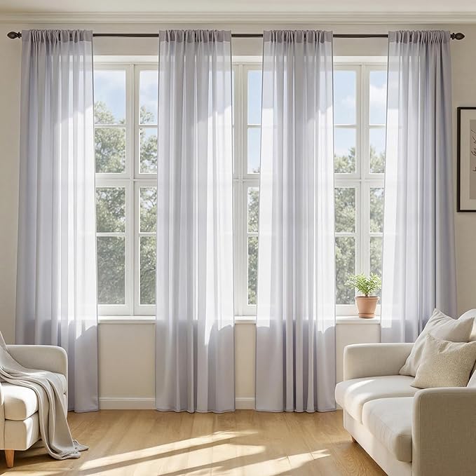 MIULEE Greyish Lilac Sheer Curtains 90 Inches Long, 4 Panels Set, Rod Pocket Light Filtering Window Drapes for Bedroom and Living Room, Elegant Airy Fabric, 42 x 90 Inches