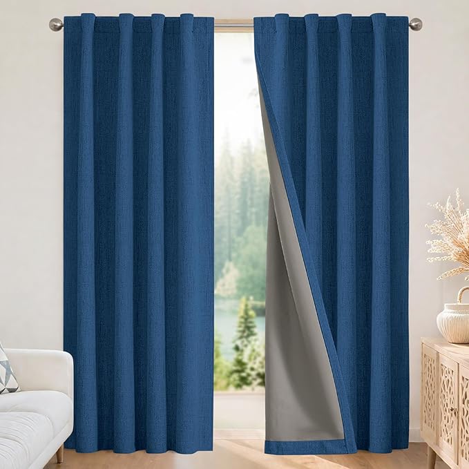 Joydeco Linen Blackout Curtains for Bedroom - 100% Light Blocking 1 Panels, Navy Blue Drapes 70" W x 90" L, Thermal Insulated Room Darkening Curtains for Living Room, Rod Pocket & Back Tabs