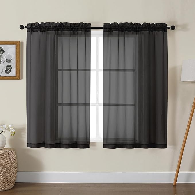 Gwine Black Sheer Kitchen Curtains 36 Inch Length, Light Filtering Voile Soft Airy Small Cafe Curtains, Short Window Curtain for Bathroom Basement, 42x36 inch, 2PCS