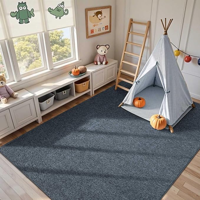 FinRèc Low Pile 5x7 Washable Area Rugs for Bedroom Living Room, Thin Rug Solid Color, Non-Slip Carpet Indoor for Home Decor (Navy Blue)