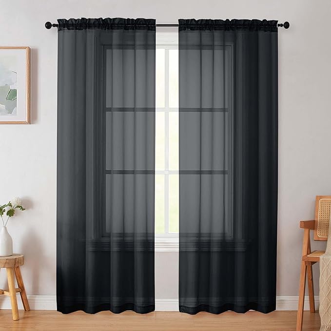 Black Sheer Curtain for Bedroom Living Room 78 Inches Long 2 Panels Set, Solid Soft Airy Light Filtering Sheer Window Curtains, Modern Rod Pocket Door Curtain, Black, 42" Wx78 L Inches