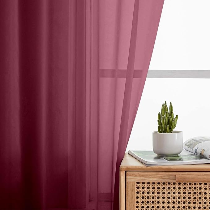 Burgundy Sheer Curtain for Bedroom Living Room 72 Inches Long 2 Panels Set, Solid Soft Airy Light Filtering Sheer Window Curtains, Modern Rod Pocket Door Curtain, Burgundy, 42" Wx72 L Inches