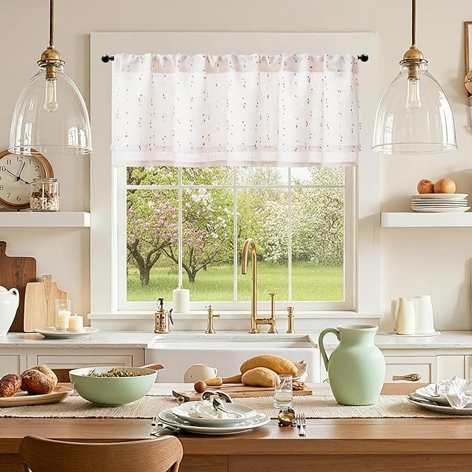 jinchan Kitchen Valance Curtain for Windows 16 Inch Mini Pom-Pom Double Layer Valance Linen Blend Country Window Treatment for Bedroom Living Room Light Filtering Rod Pocket 1 Panel Blush Meadow