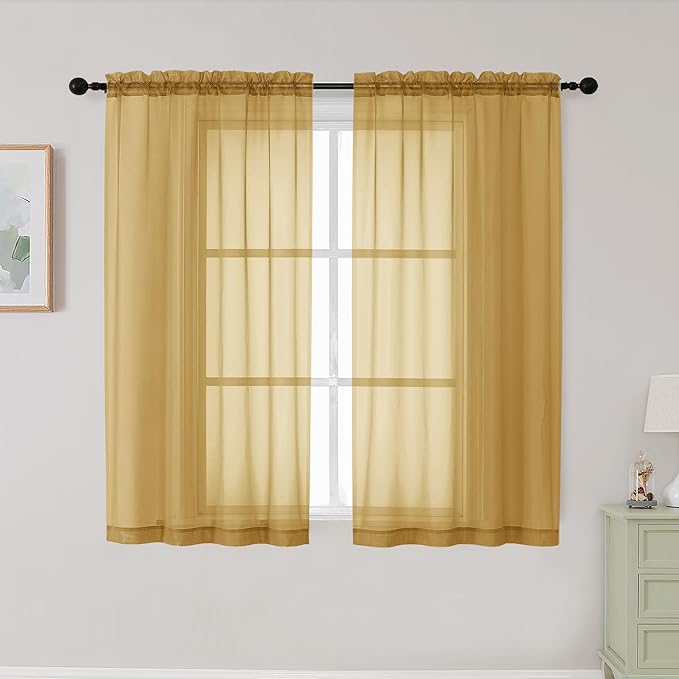 Gold Sheer Curtains for Bedroom Living Room 45 Inch Length 2 Panels, Soft Airy Light Filtering Small Kitchen Window Curtains, Rod Pocket Short Curtain Drapes, Gold, 42" Wx45 L Inches