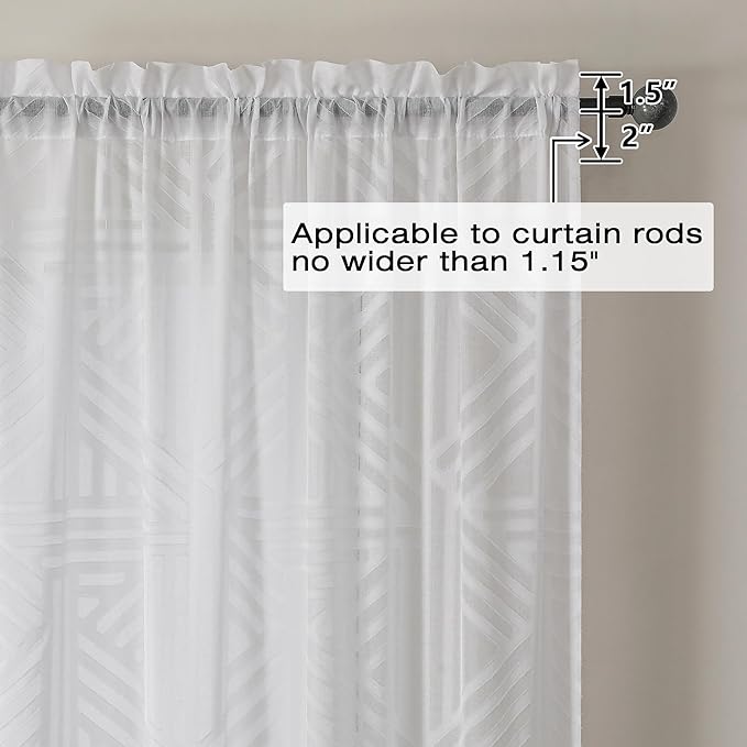 Simplebrand Semi Sheer White Curtains 30 Inch Length 2 Panels, Geometric Jacquard Clip Textured Short Sheer Curtains for Bedroom，Modern Elegant Window Curtains Panels/Drapes/Treatment, 30x30 inch