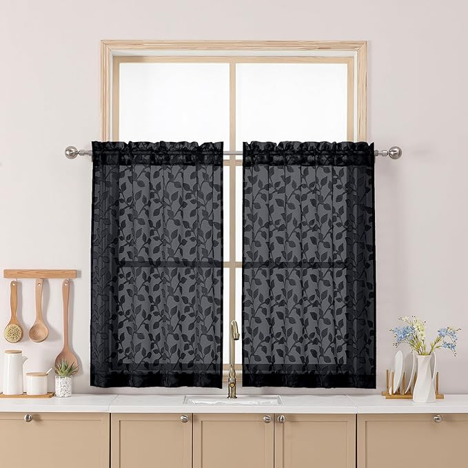 Chyhomenyc Black Sheer Curtains 36 Inch Length, Light Filtering Leaf Tufted Textured Small Window Kitchen Curtain Over Sink, Short Half Window Curtains for Bathroom Basement, 30" Wx36 L, 2 Panels