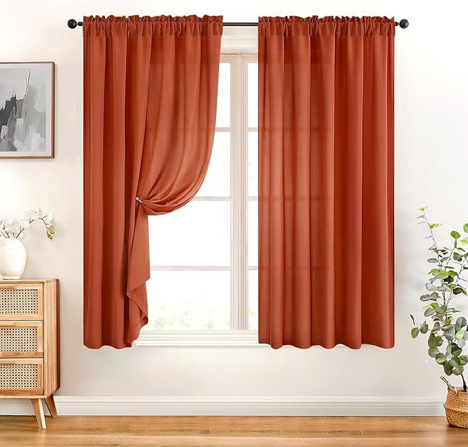 HOMEIDEAS Non-See-Through Fall Burnt Orange Privacy Sheer Curtains, 52 X 54 Inches Long 2 Panels Sheer Curtains Light Filtering Window Drapes for Bedroom Living Room