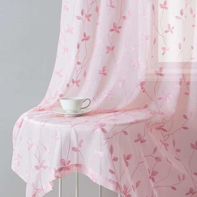 HOMEIDEAS Pink Sheer Curtains 52 X 96 Inches Length 2 Panels Embroidered Vine Floral Pattern Pocket Faux Linen Semi Sheer Voile Window Drapes for Bedroom Living Room