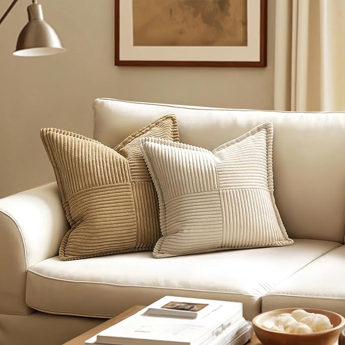 MIULEE Decorative Lumbar Throw Pillow Covers for Couch Bed Livingroom 14x22 Inch Set of 2 Beige Boho Accent Throw Pllows Broadside Striped Patchwork Soft Corduroy Pillowcases