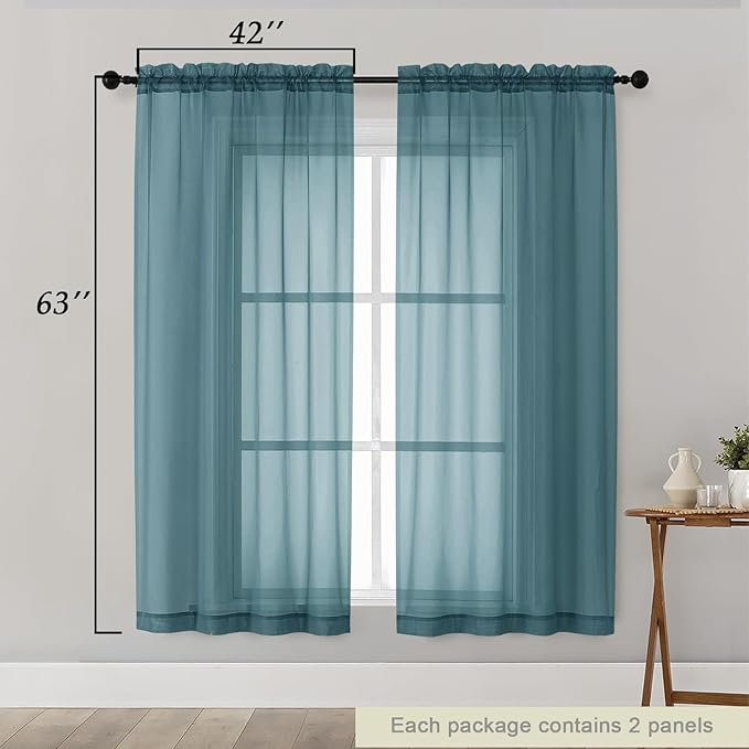 Sheer Dusty Blue Curtains for Bedroom Living Room 63 Inch Length 2 Panels, Airy Soft Light Filtering Sheer Dining Room Curtains, Modern Rod Pocket Drapes, Dusty Blue, Each 42" Wx63 L Inches