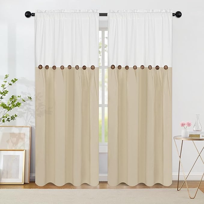 FRAMICS Farmhouse Cotton Linen Curtains for Living Room, Boho Button Curtains 84 Inch Length 2 Panels, Rustic Country Linen Window Curtain for Bedroom Rod Pocket Drapes, 52 x 84 Inch, White and Linen