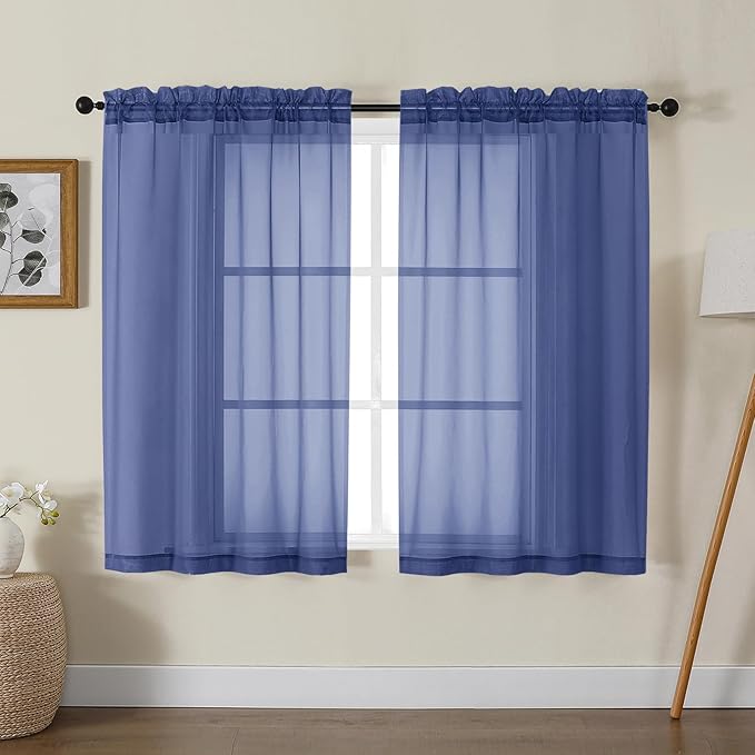 Gwine Royal Blue Sheer Curtains for Living Room 45 inches Long, Short Voile Light Filtering Window Treatments Sheer Curtains for Bedroom, Half Window Drapes with Rod Pocket, Each 42" Wx45 L