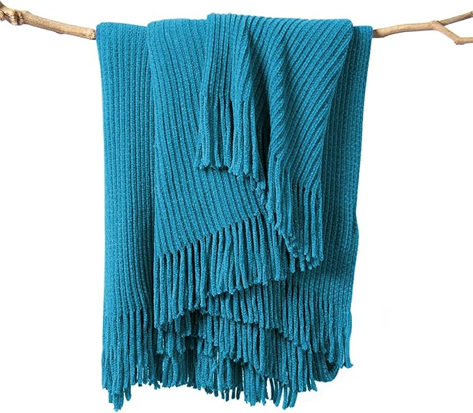 lifein Chenille Throw Blanket 50x60 - Soft Boho Knitted Blanket for Couch Cozy Farmhouse Decor Bed Throw, Lightweight All Season Teal Blanket, Decorative for Living Room Bedroom Spring Decor