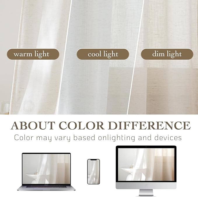 RYB HOME Sheer Linen Curtains Extra Long Light Airy Privacy Protected High Ceiling Window Curtains for Bedroom Living Room, Rod Pocket & Back Tab, Ivory, W 52 x L 120 inch, Set of 2