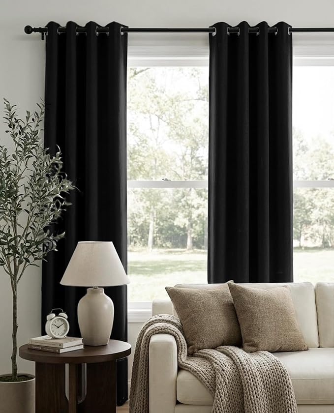 100% Blackout Shield Linen Blackout Curtains for Bedroom, Black Grommet Curtains for Living Room, Thermal Insulated Room Darkening Drapes for Nursery, Boho Home Decor, 50" W x 72" L, 2 Panels