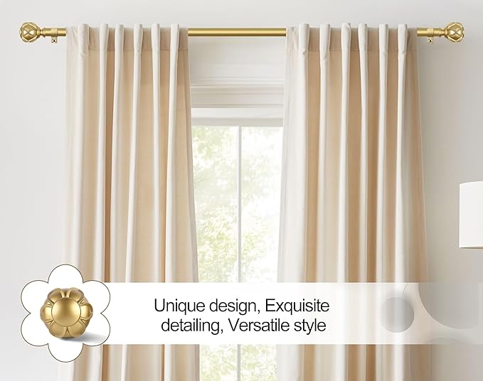 KAMANINA Gold Curtain Rod 32 to 58 Inch(2.6-4.8Ft), 7/8 Inch Single Adjustable Curtain Rods for Windows 28 to 48, Decorative Drapery Rods with Netted Texture Finials