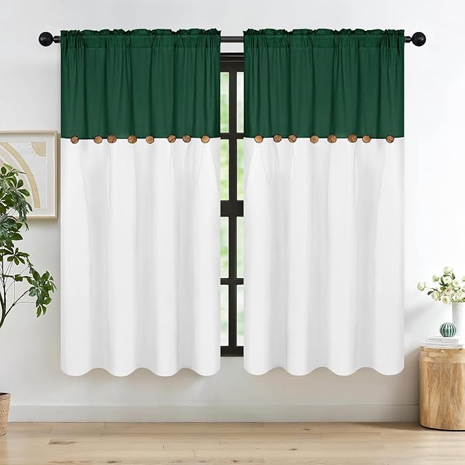 FRAMICS Farmhouse Cotton Linen Curtains for Living Room, Boho Button Curtains 63 inch Length, Rustic Country Linen Window Curtains for Bedroom, Rod Pocket Drapes, 52 x 63 Inch, Green and White