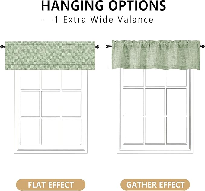 OVZME Valance for Windows, Light Filtering Faux Linen Textured Small Short Valance Kitchen Curtain, Dual Rod Pocket Top Short Window Curtain for Bathroom Basement Farmhouse, 52Wx16L Inch, Sage Green
