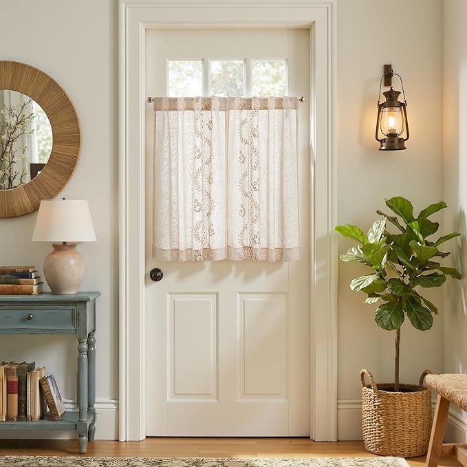 jinchan Belrose Linen Floral Kitchen Curtains 36 inch Length Embroidered Farmhouse Cafe Curtains for Living Room Bathroom Small Windows Curtain Set Sheer Light Filtering 2 Panels Beige