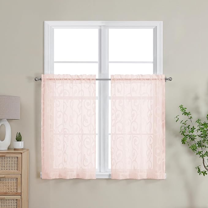 OWENIE Furman Blush Pink Sheer Curtains 36 inch Length 2 Panels Set for Bedroom Living Room Small Windows, Airy Soft Elegant Jacquard Textured Kitchen Curtains Tier, Each 28Wx36L inch