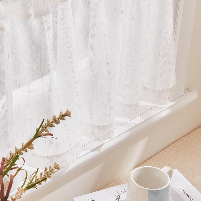 jinchan Valance Curtains for Windows 16 Inch Colorful Mini Pom-Pom Country Farmhouse Kitchen Valance Semi Sheer Voile Samll Window Treatment for Bedroom Living Room Rod Pocket 1 Panel Linen Whisper