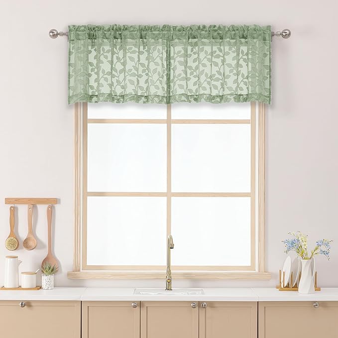 Chyhomenyc Sage Green Sheer Valances for Windows 14 Inch Length 2 Pcs, Light Filtering Leaf Textured Cafe Short Kitchen Curtains, Top Small Curtain for Living Room Bedroom Basement, 42" W x 14" L