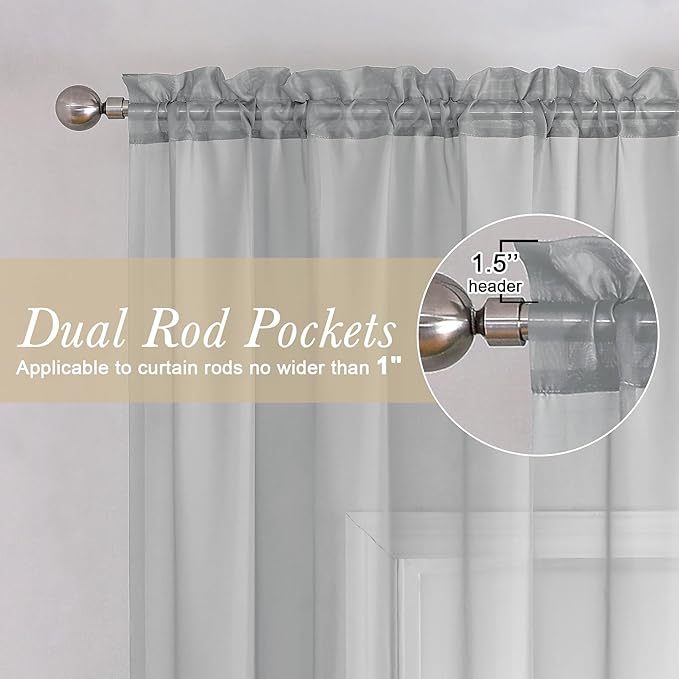 Lecloud Light Grey Sheer Curtains 84 Inch Length 2 Panels, Balance Light & Privacy Dining Room/Bedroom/Living Room Window Silver Gray Curtain, Dual Rod Pockets Solid Voile Drapes, 40x84 Inches