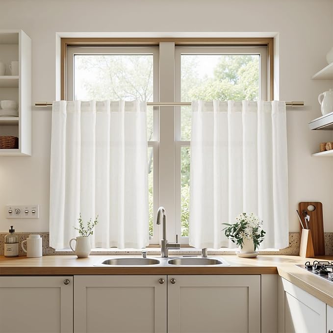 Beige White Linen Curtains for Kitchen Windows Over Sink Neutral 30 Inch Length Back Tab and Rod Pocket Light Filtering Semi Sheer Cafe Curtain for Bathroom RV Small Window 30 x 30 Inch,2 Panels