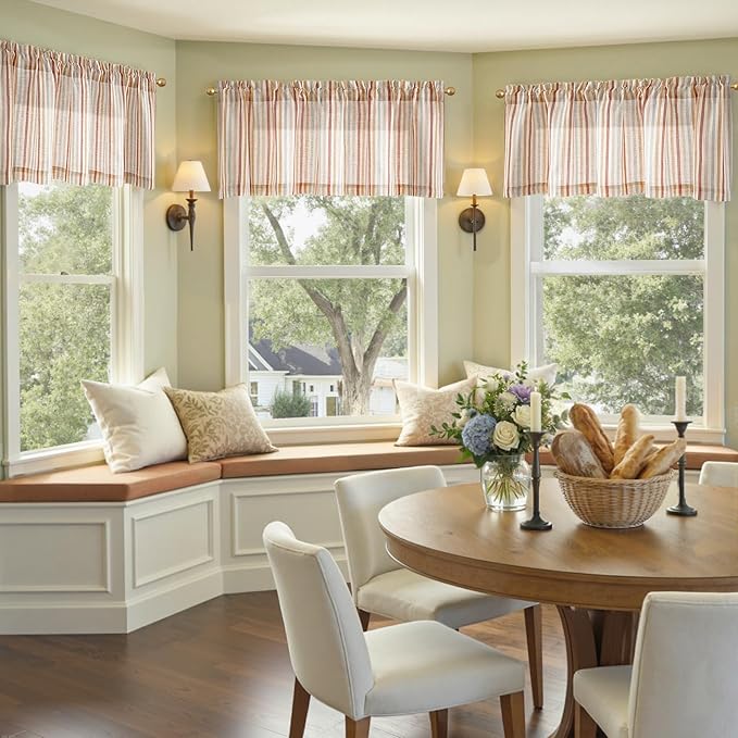 jinchan Valance Curtain Linen Textured Striped Window Curtain for Living Room Light Filtering Farmhouse Valance for Kitchen Rod Pocket 1 Panel 16 Inch Multi Red on Linen